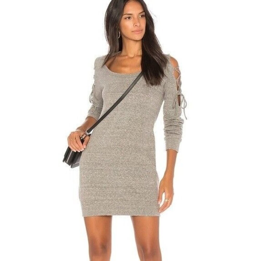 Lanston Cold Shoulder Sweater Dress Size XS Heathered Gray Fleece Lace Up